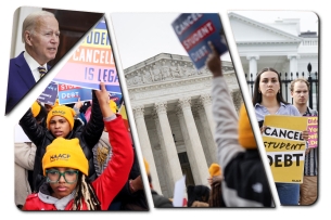 Photo collage features student loan protest photos, a snippet of President Joe Biden and the Supreme Court building